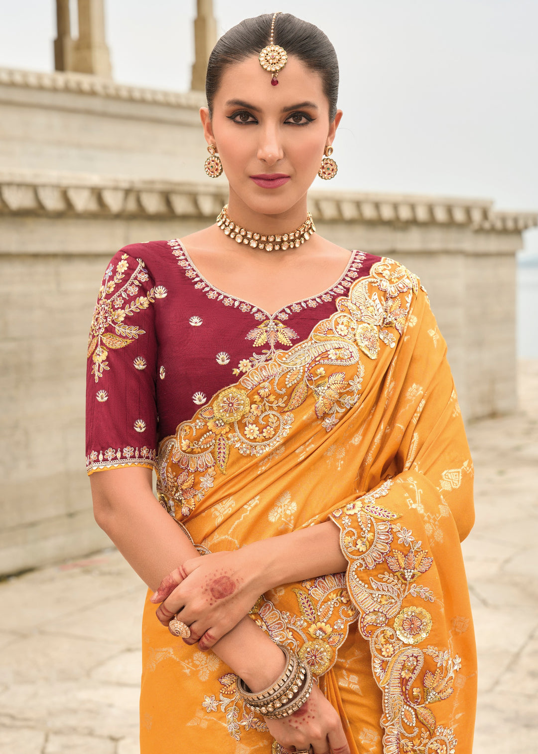 Orange Viscose Tissue Silk Saree With Embroidery Cut Work Border And Sequence Work