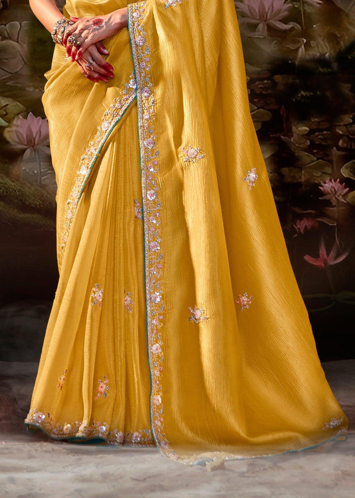 Torquise And Mustard Saree With Embroidery And Handwork Designer Cut Border