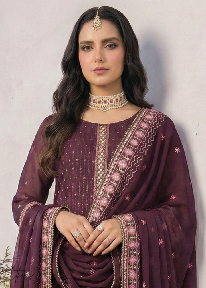 Wine-Plum with Muted Gold Embroidery Pant Suit