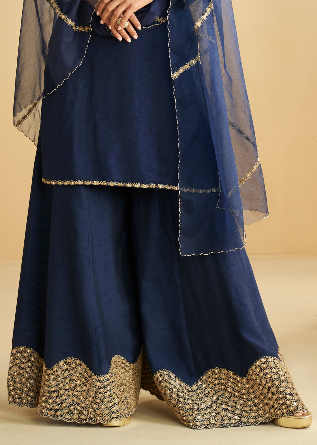 Deep Navy Blue Silk Palazzo Suit With Golden Detailing