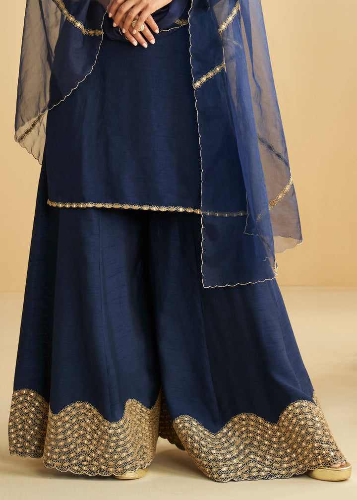 Deep Navy Blue Silk Palazzo Suit With Golden Detailing