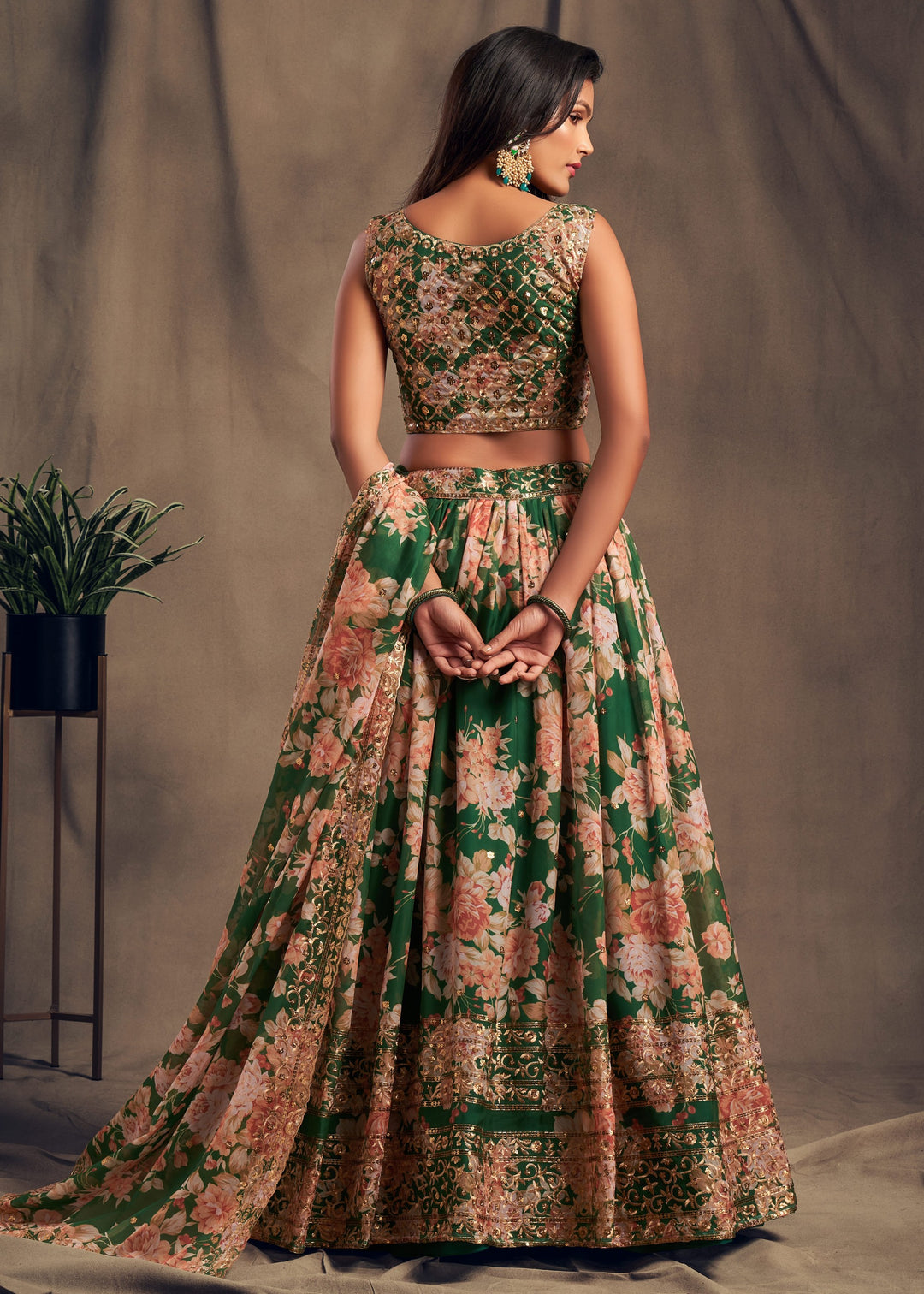 Green Organza Lehenga Sequins Zari Embroidery Work