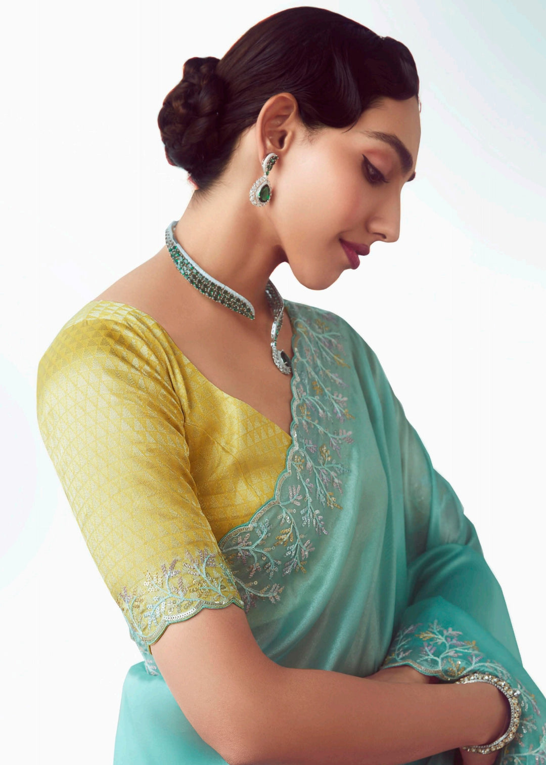 Sky Blue Fancy Fabric Silk Saree With Hand Embroidered Work And Cut Work Border