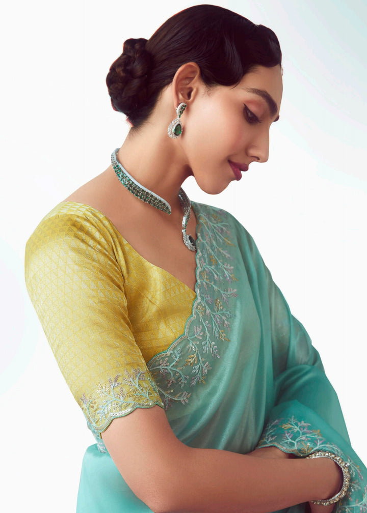 Sky Blue Fancy Fabric Silk Saree With Hand Embroidered Work And Cut Work Border