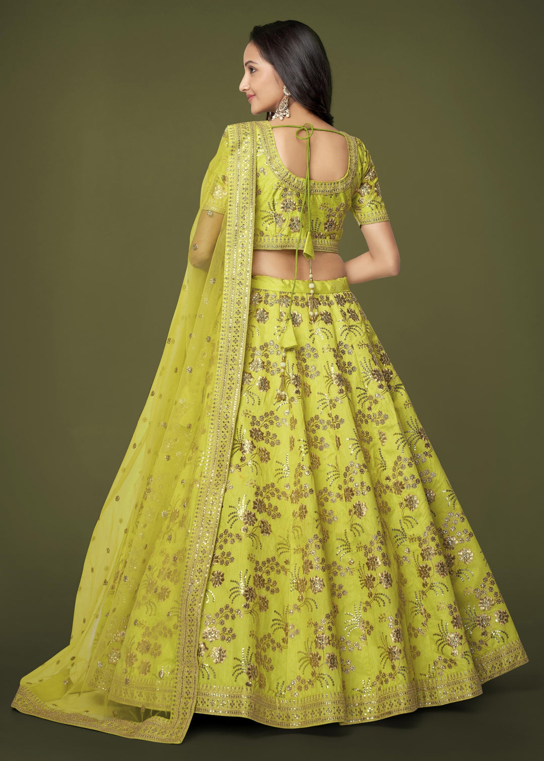 Neon Slub Silk Lehenga with Zari Sequins and Dori Embroidery Work