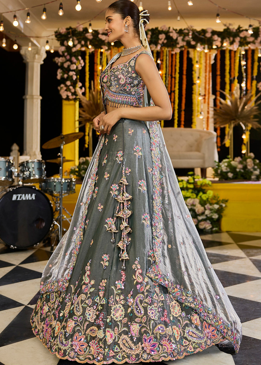 Green Tissue Lehenga Choli with Sequinned Embroidered