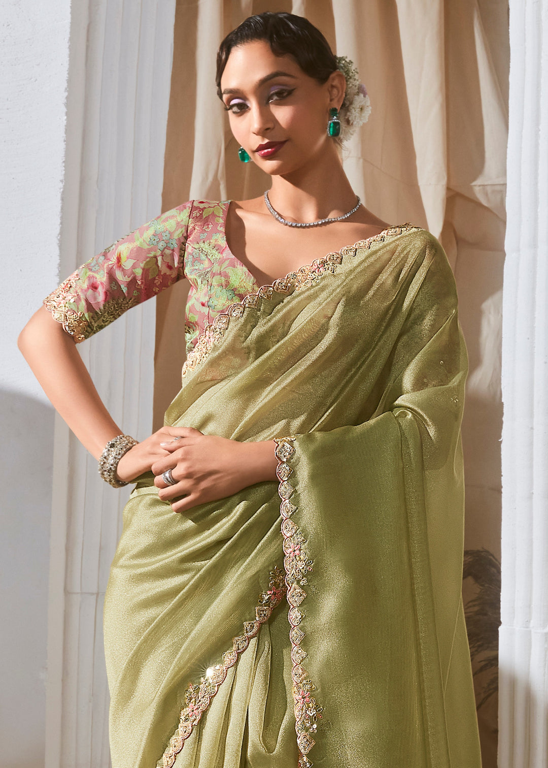 Apple Green Fancy Silk Saree With Printed Blouse