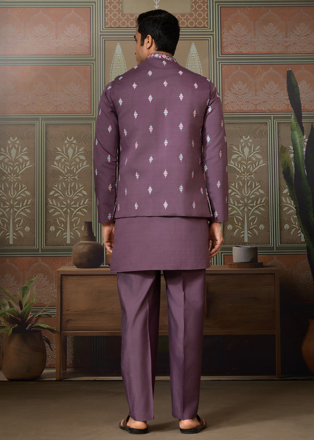 Purple Mens Wear Koti Style with Silk Kurta and Pajama