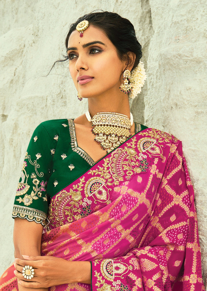 Soft Pink & Yellow Georgette Bandhej Saree With Moti & Cut-Dana Handwork Border