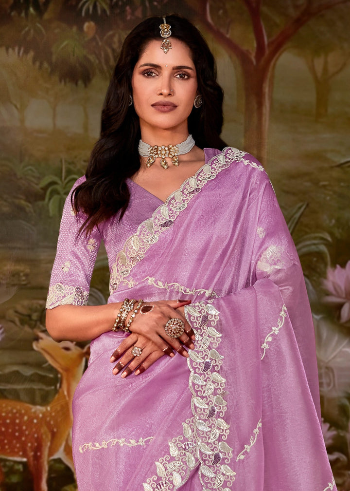 Lavender Saree With Embroidery And Handwork Designer Cut Border