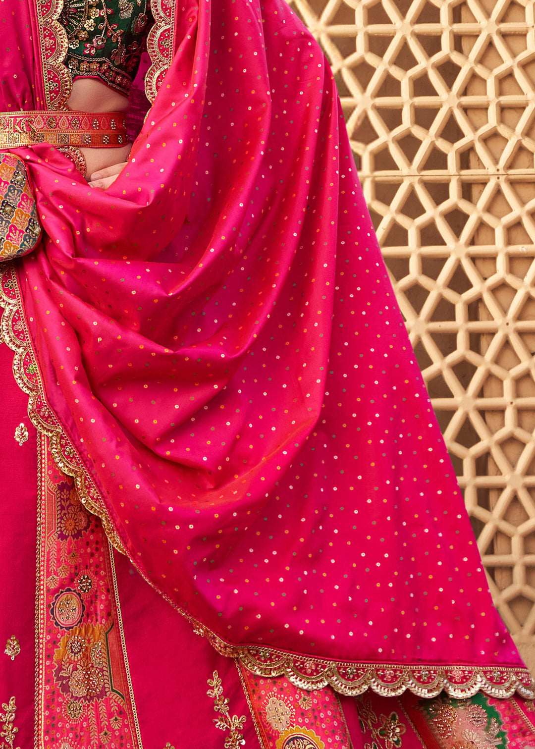 Hunter Green & Pink Banarasi Silk Lehenga Choli With Zarkan And Cut Work