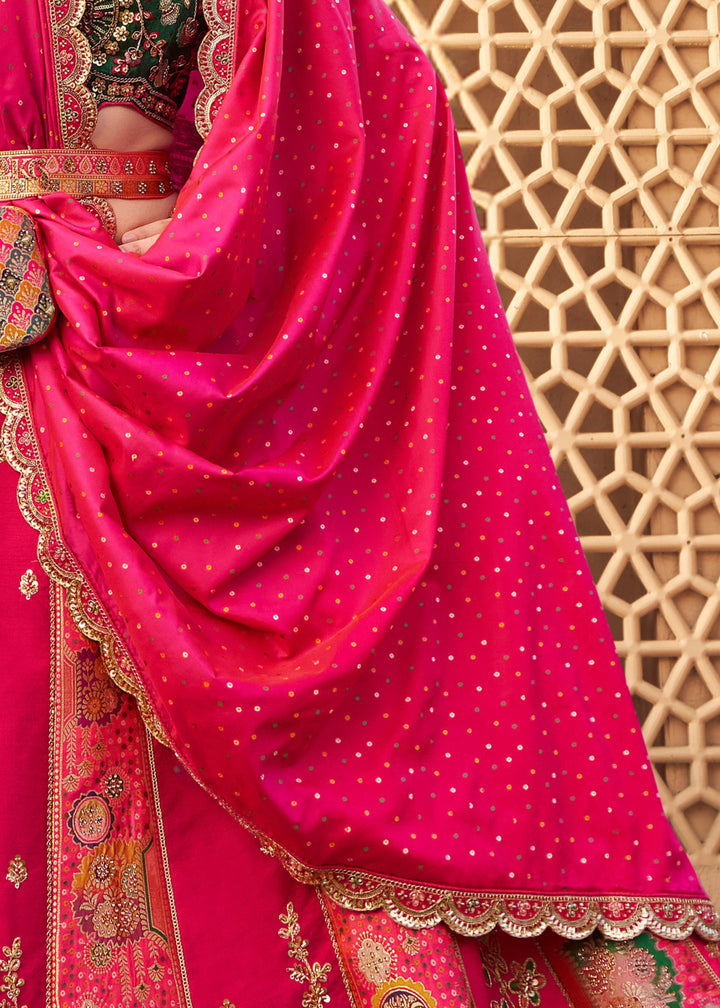 Hunter Green & Pink Banarasi Silk Lehenga Choli With Zarkan And Cut Work