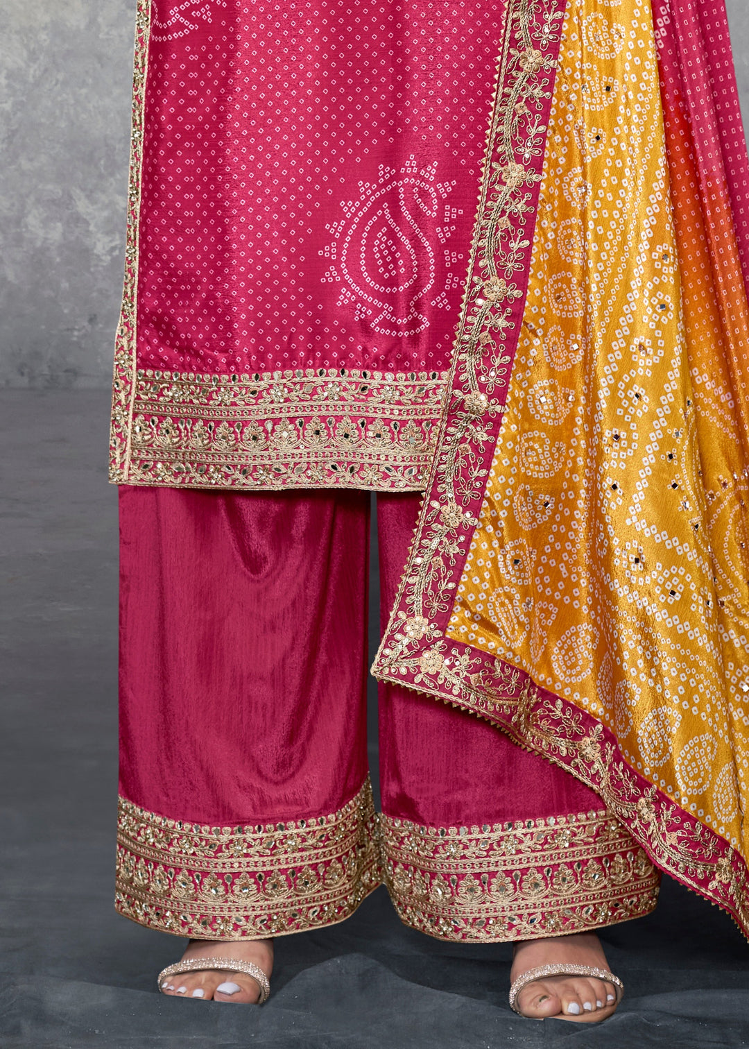 Fuchsia Pink Chinon Salwar Suit with Yellow–Orange Dupatta