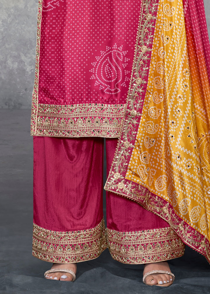 Fuchsia Pink Chinon Salwar Suit with Yellow–Orange Dupatta