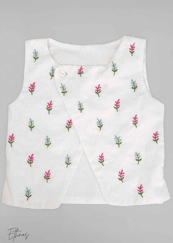 Organic Cotton Blue & White kurta Set with Jacket - Floral