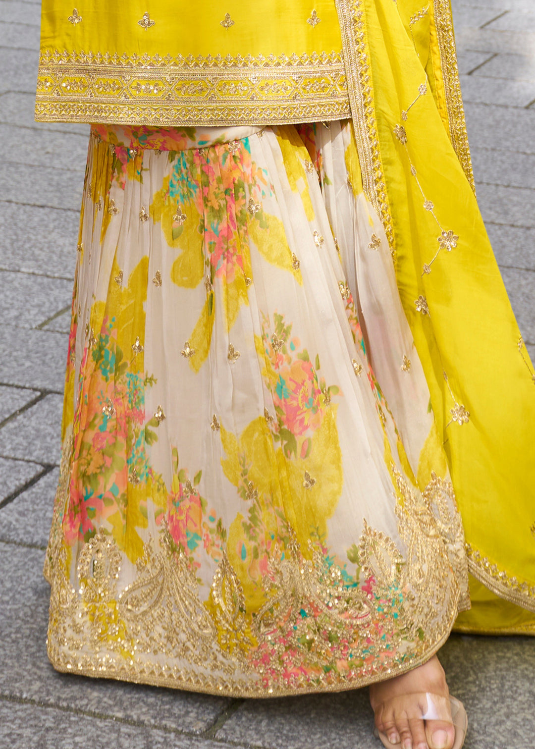 Pineapple Yellow Chinon SIlk Palazzo Suit With Embroidered Work : Top Pick