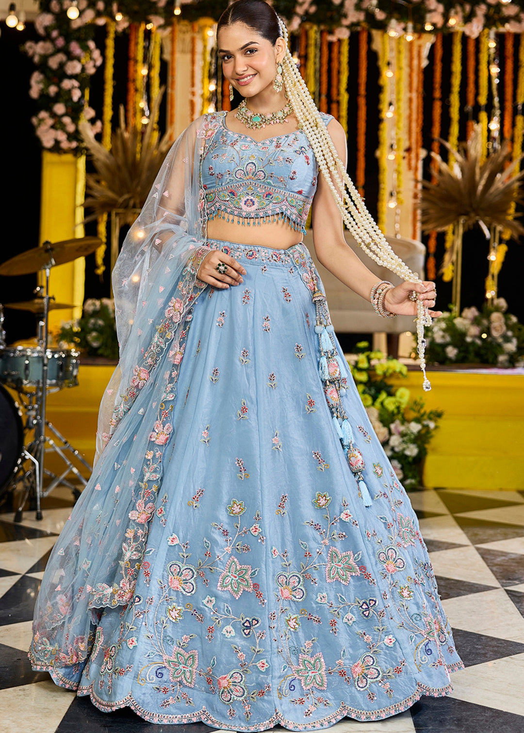 Sky Satin Silk Lehenga Choli with Sequinned Embroidered