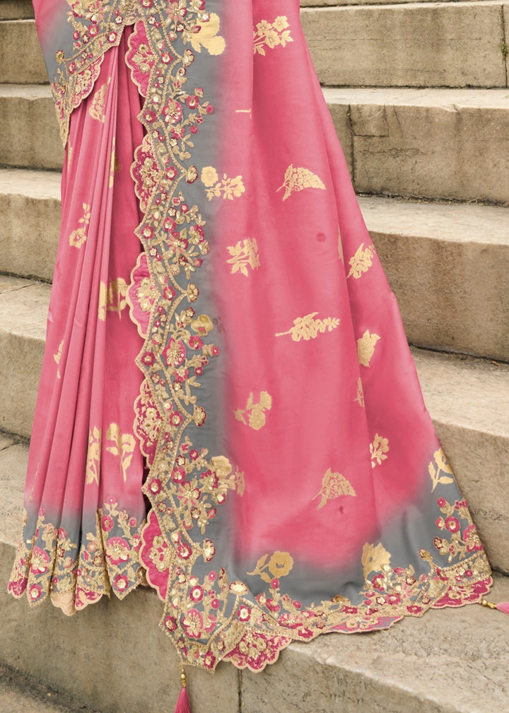 French Pink Silk Saree With Embroidery Cut and Butti Work