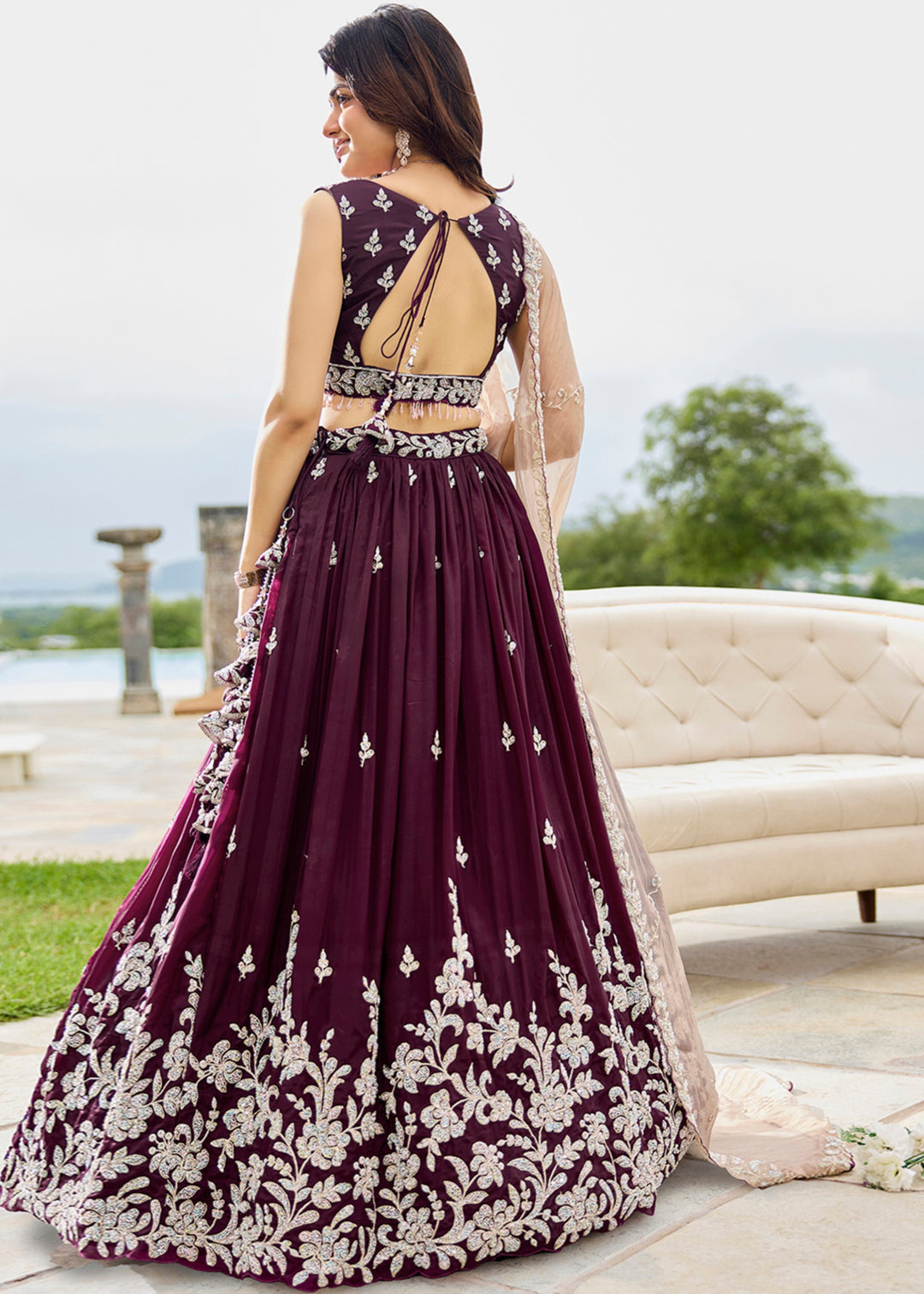 Wine Satin Silk Lehenga Choli with Beads & Sequince Embroidered