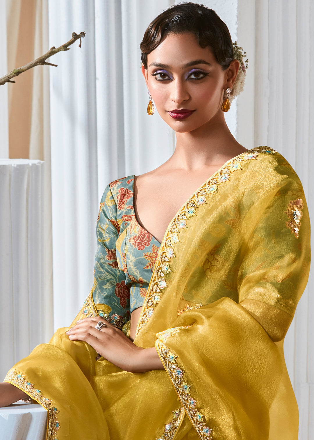 Canary Yellow Fancy Silk Saree With Printed Blouse