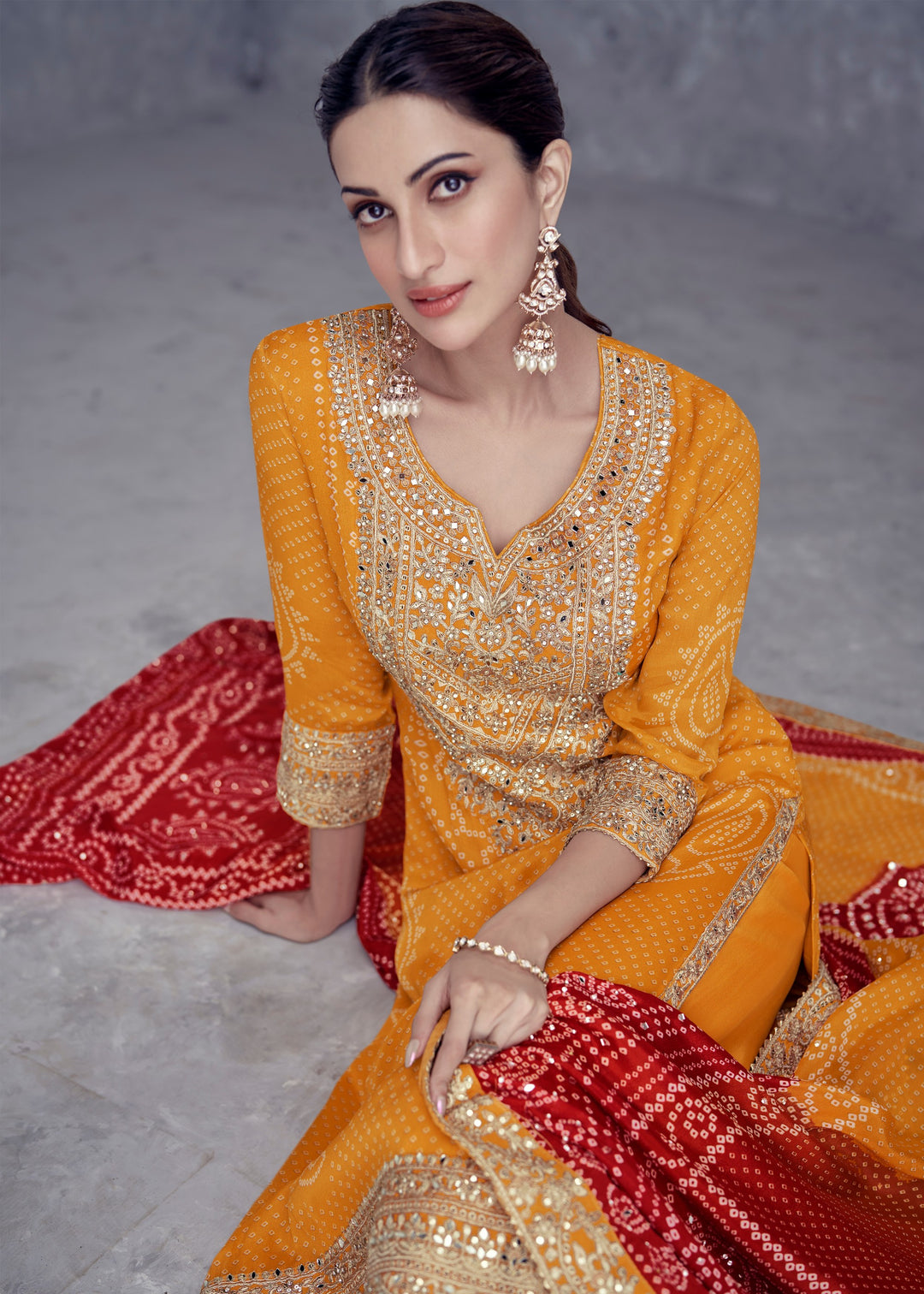 Mustard Yellow Chinon Salwar Suit with Red Dupatta