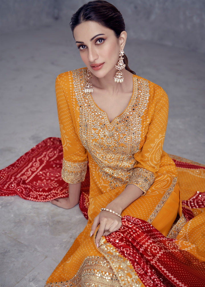 Mustard Yellow Chinon Salwar Suit with Red Dupatta