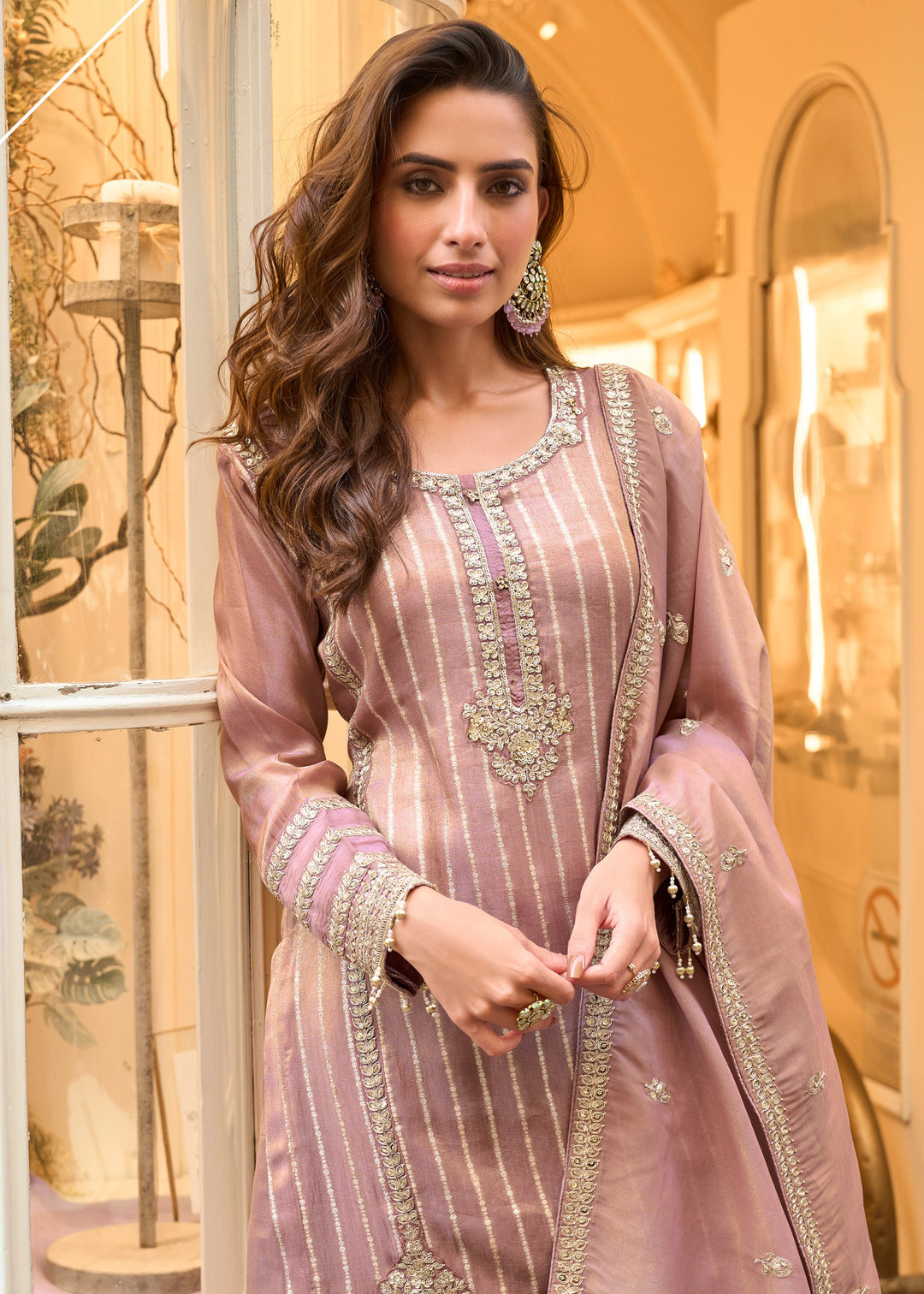 African Purple Viscose Simar Jacquard Silk Plazo Suit