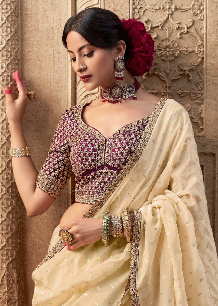 Cream Pure Viscous Crepe based fabric with Hand dying & Butti weaving Saree