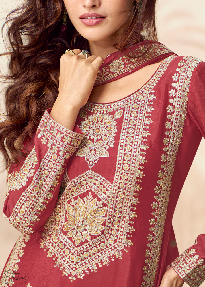 Poppy Red Chinon Silk Palazzo Suit