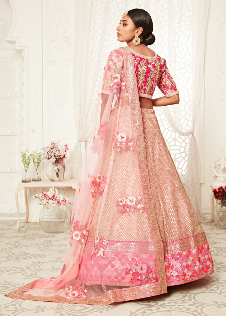 Pink Soft Net Lehenga With Zari, Dori, Thread And Sequins Floral Embroidery
