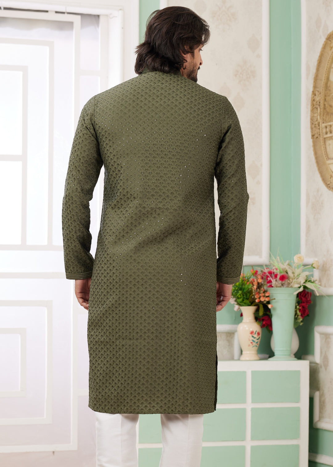 Mehendi Green Silk Mens Kurta Set With Thread Embroidery Work