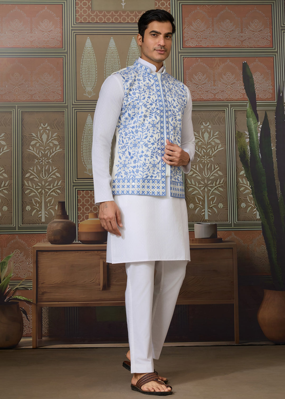 White Kurta And Pant With Soft Powder Blue And White Embroidered Nehru Jacket