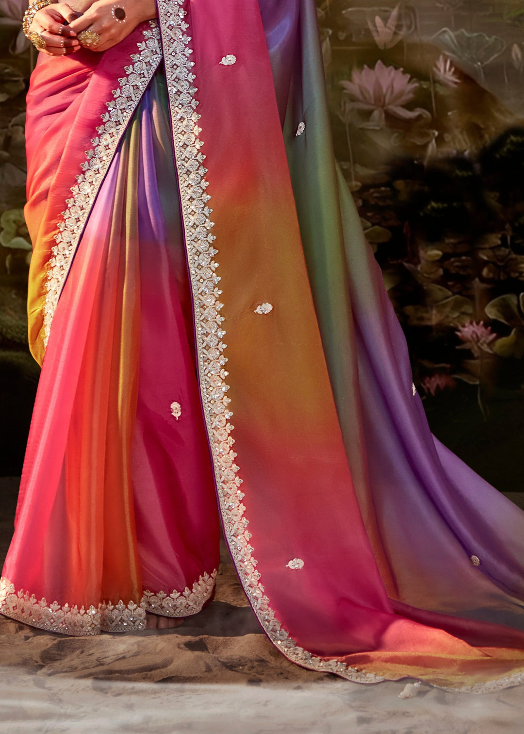 Purple And Multi-Shade Saree With Embroidery And Handwork Designer Cut Border