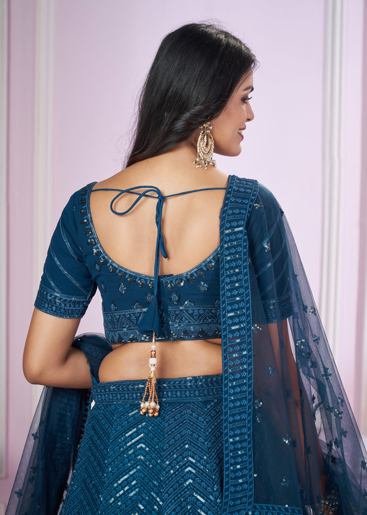 Teal Blue Georgette Lehenga Choli With Sequins And Thread Embroidery Work