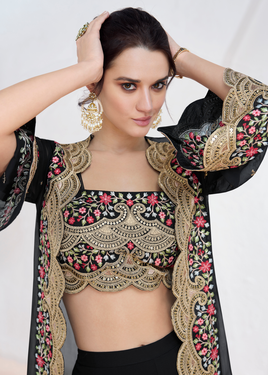 Onyx Black Embroidered Georgette Top & Skirt Set with Jacket