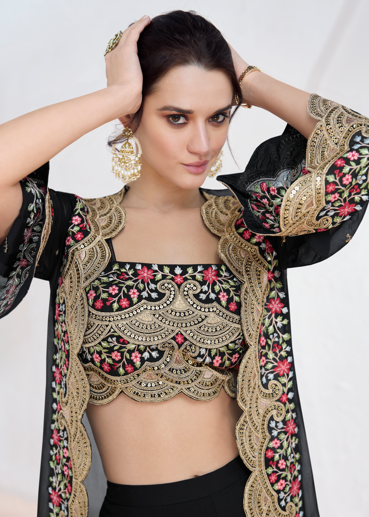 Onyx Black Embroidered Georgette Top & Skirt Set with Jacket