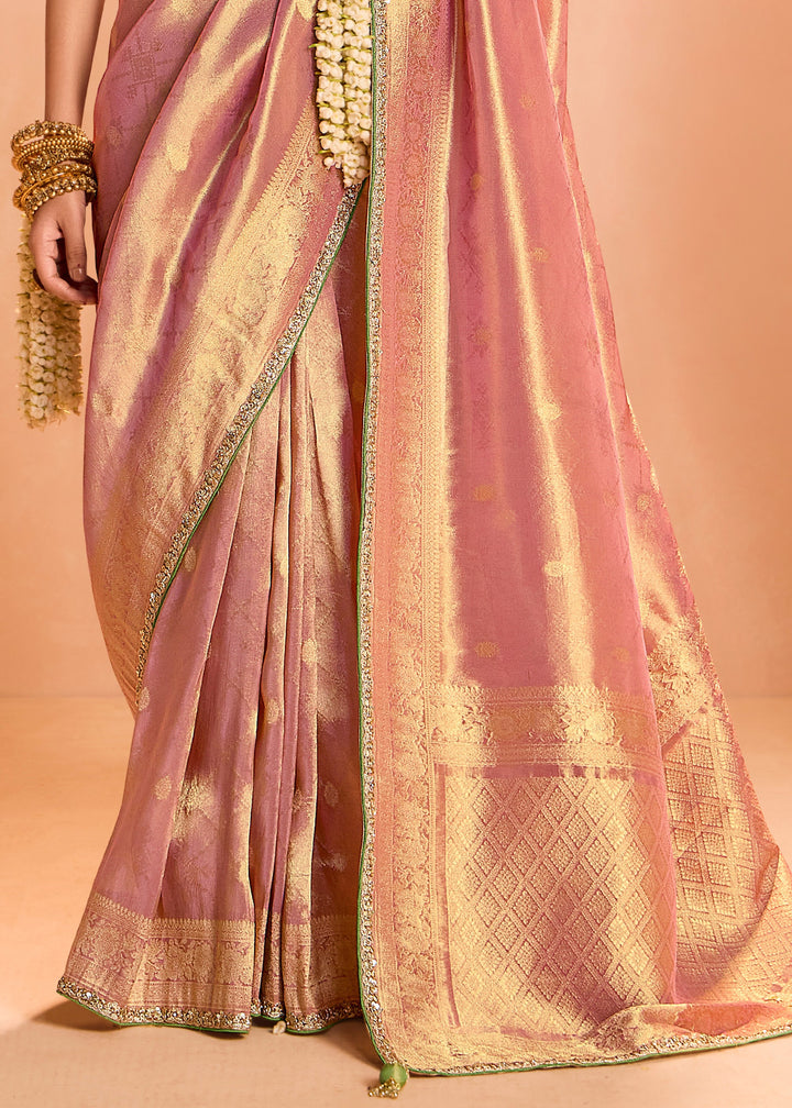 Rose Pink Zari Tissue Silk Saree With Weaving Work And Heavy Embroidery Lace : Top Pick