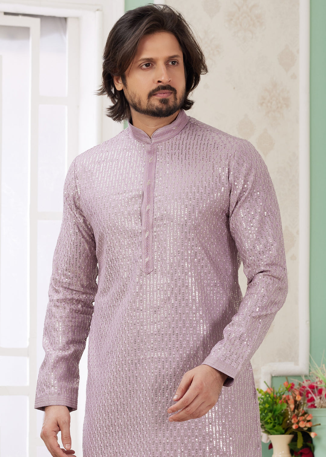 Thistle Purple Silk Mens Kurta Set With Thread Embroidery Work