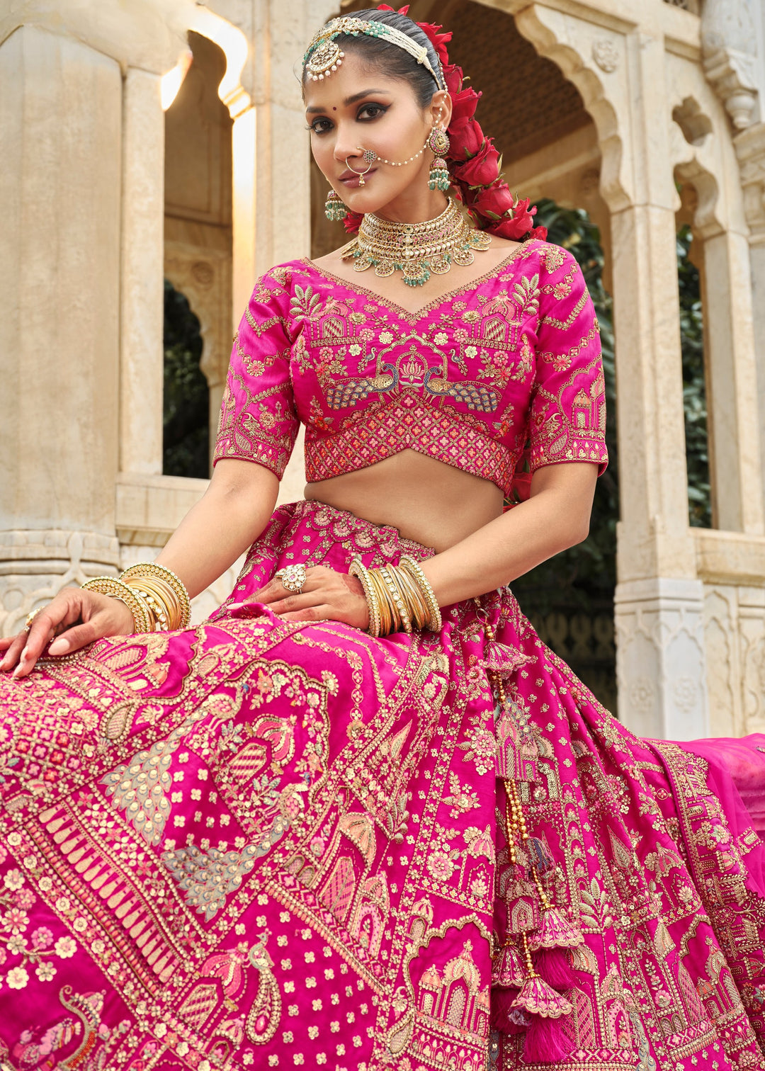 Barbie Pink Heavy Bridal Silk Lehenga With Khatli And Embroidery Work