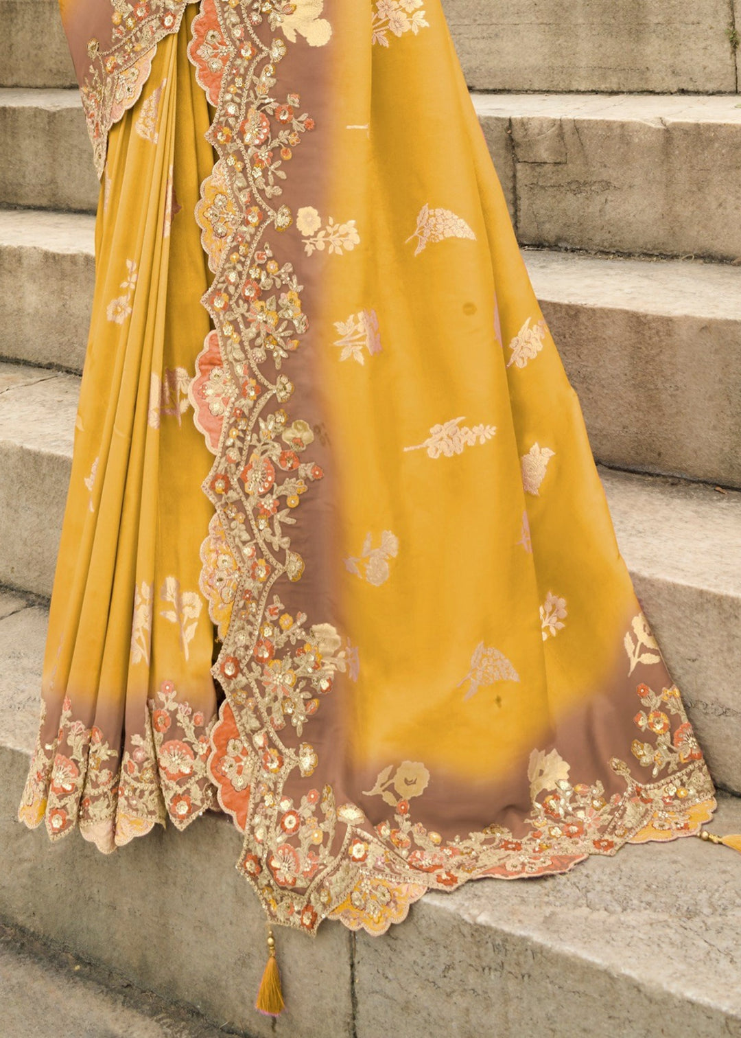 Saffron Silk Saree With Embroidery Cut and Butti Work