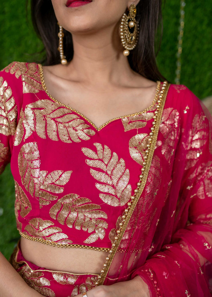 Raspberry Pink Georgette Lehenga Choli With Sequins Zari Embroidered Work