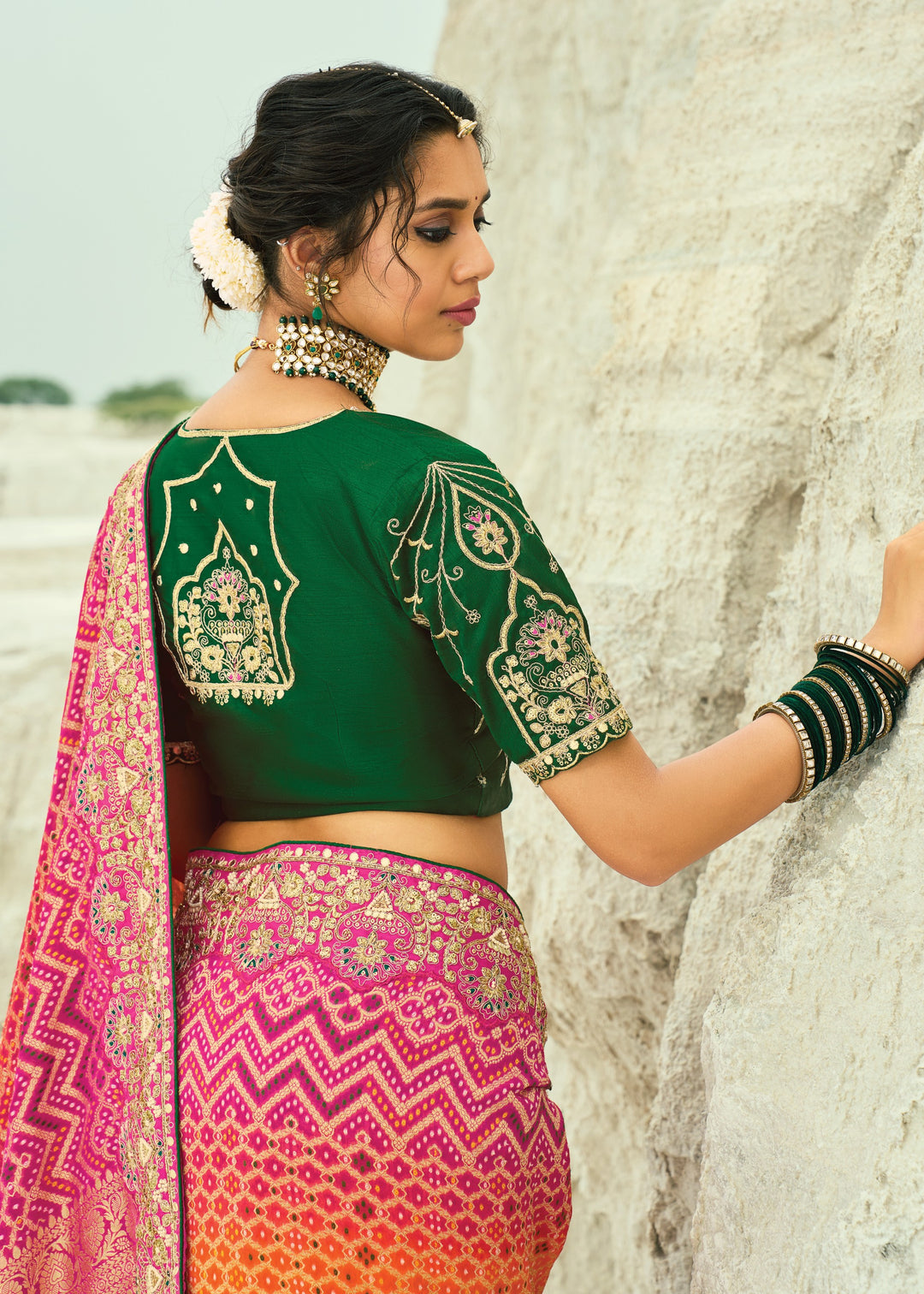 Tangerine Orange & Pink Georgette Bandhej Saree With Moti & Cut-Dana Handwork Border
