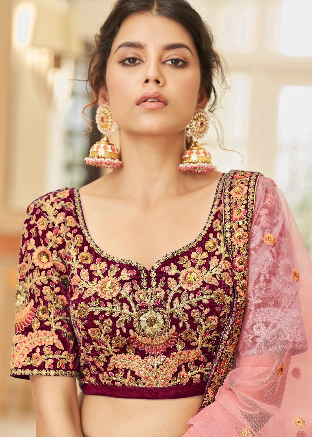 Maroon Red Velvet Lehenga Choli With Thread & Zari Embroidery Work