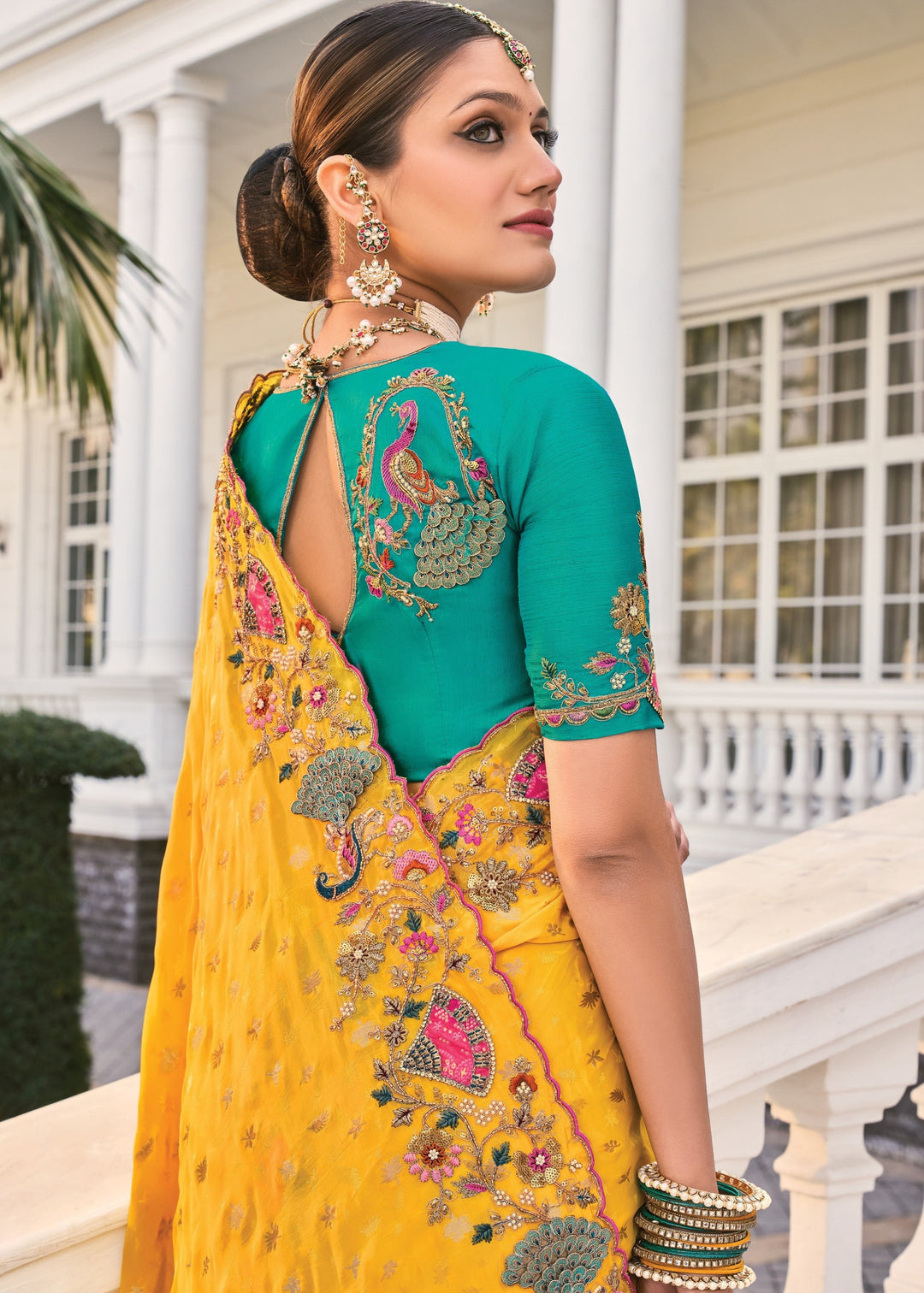 Yellow Natural Crape Saree With Moti Work