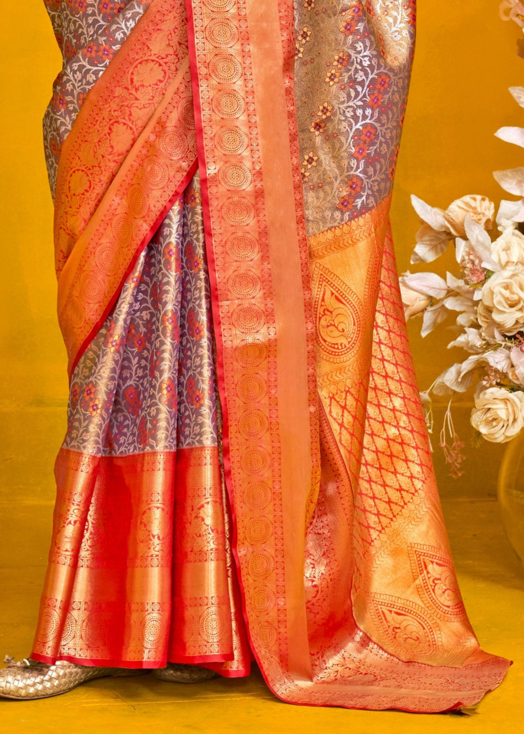 Orange And Grey Pure Dharamavaram Silk Saree