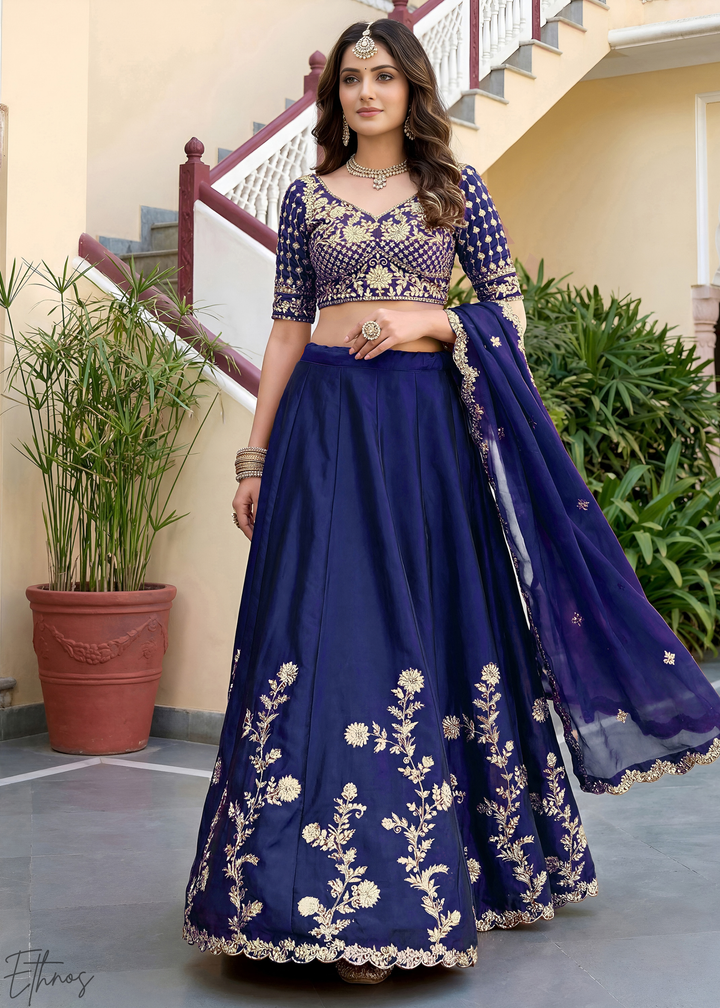 Deep Sapphire Floret Zari Rangoli Silk Lehenga