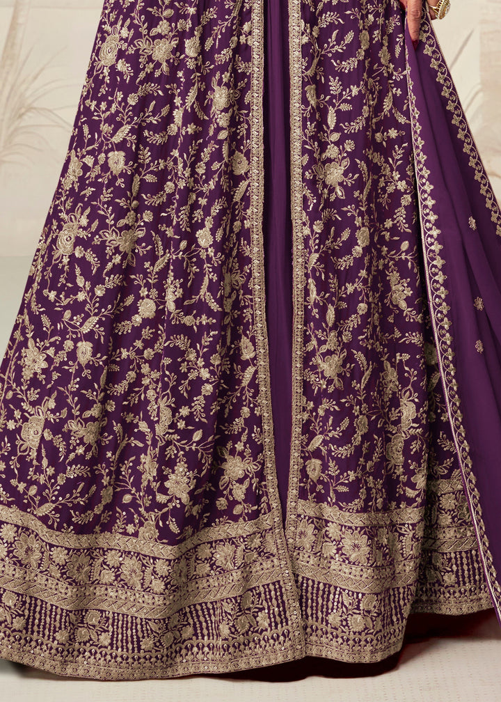 Irish Purple Georgette Anarkali Slit Cut Suit With Thread Embroidered Work