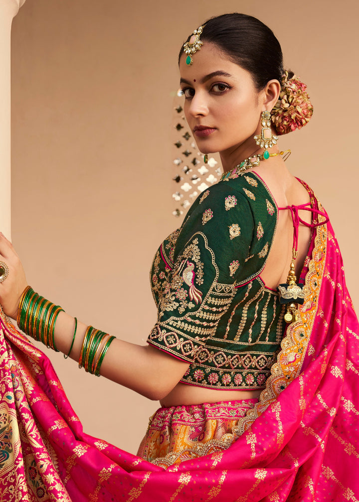 Warm Orange Banarasi Silk Lehenga With Golden Zari Work