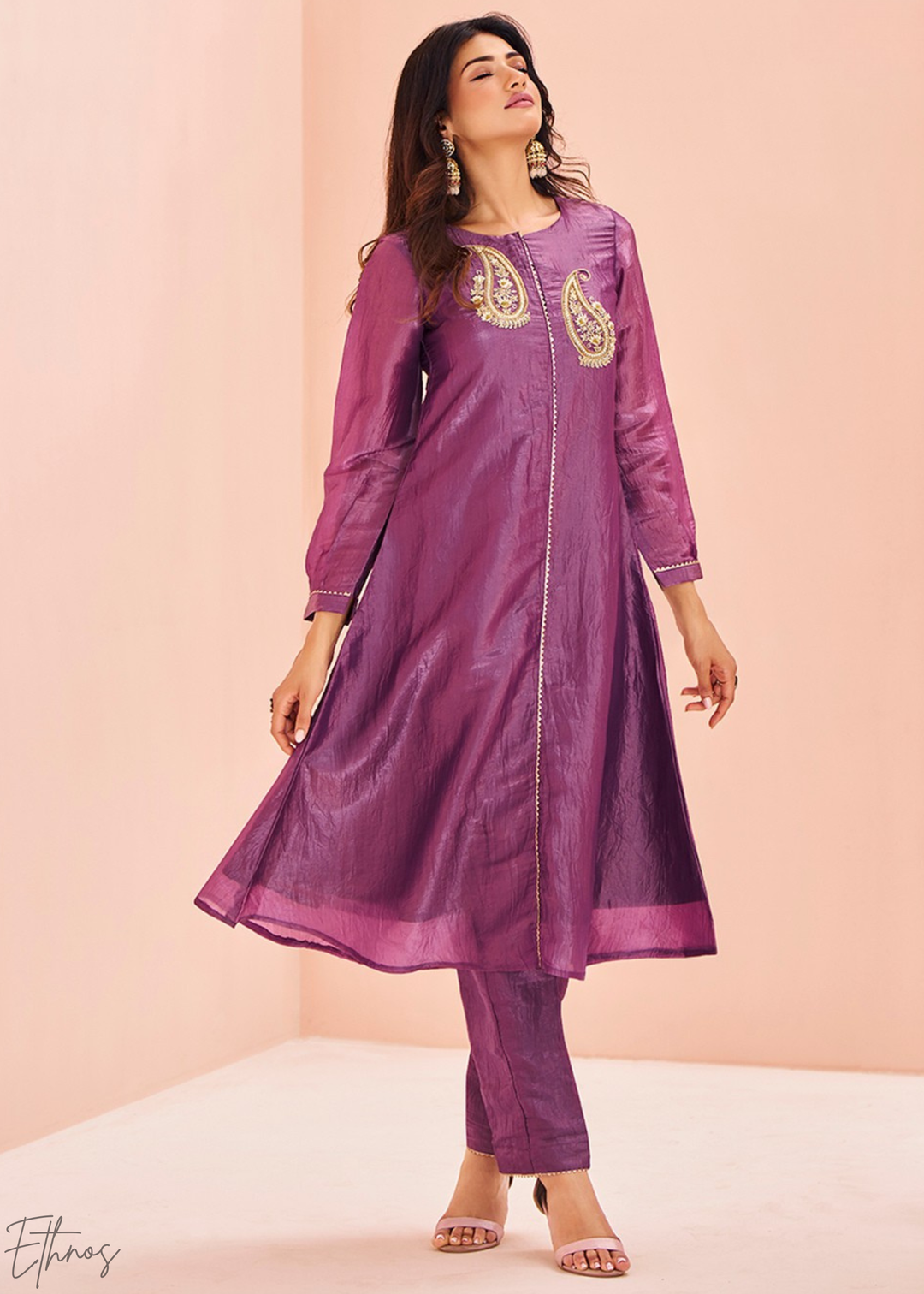 Plum Purple Paisley-Embroidered Organza Pant Suit