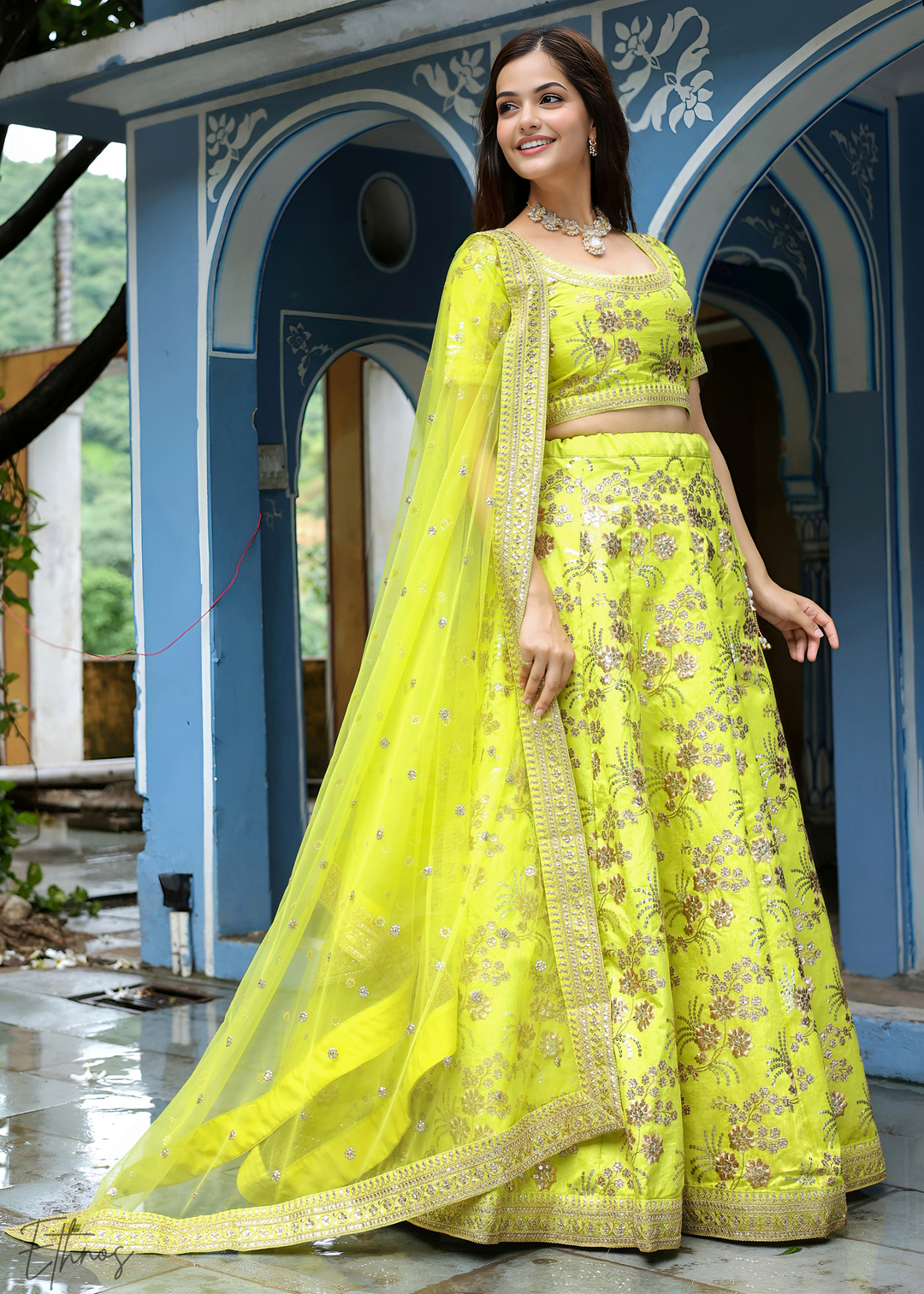 Neon Green Slub Silk Lehenga With Dupatta